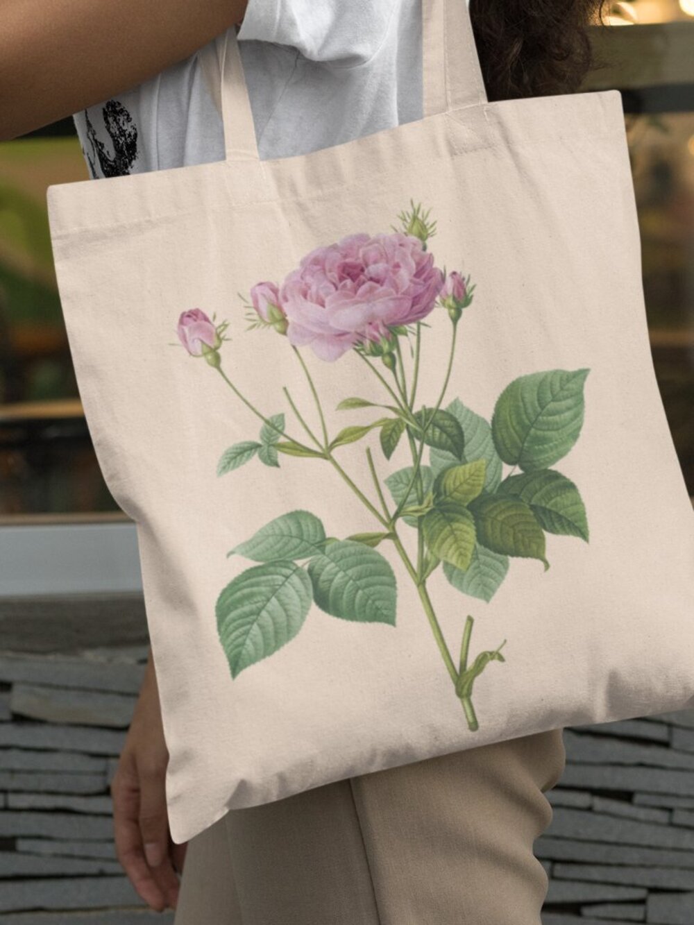 French Rose Vintage Floral Print Graphic Canvas Tote Bag